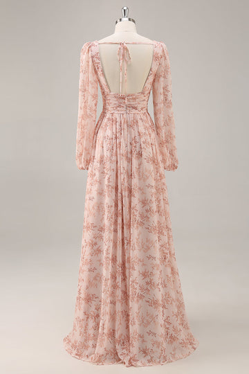 Pink Floral V-Neck Long Sleeves Chiffon Bridesmaid Dress with Slit